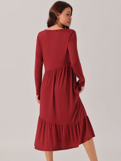 Women's Fall Long Sleeve Dress Crewneck Casual Loose Pleated Tiered Swing Midi Dresses with Pockets