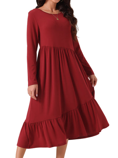 Women's Fall Long Sleeve Dress Crewneck Casual Loose Pleated Tiered Swing Midi Dresses with Pockets