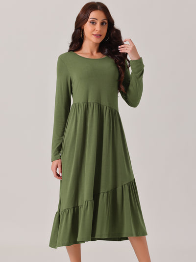 Women's Fall Long Sleeve Dress Crewneck Casual Loose Pleated Tiered Swing Midi Dresses with Pockets