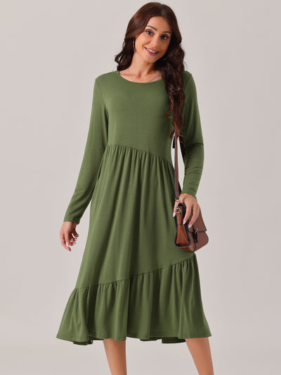 Women's Fall Long Sleeve Dress Crewneck Casual Loose Pleated Tiered Swing Midi Dresses with Pockets