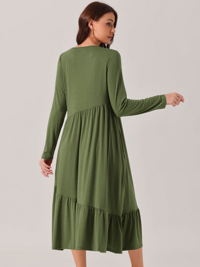 Women's Fall Long Sleeve Dress Crewneck Casual Loose Pleated Tiered Swing Midi Dresses with Pockets