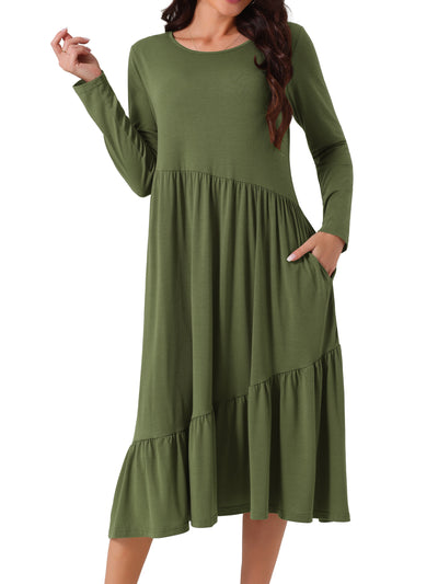 Women's Fall Long Sleeve Dress Crewneck Casual Loose Pleated Tiered Swing Midi Dresses with Pockets