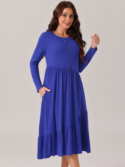 Women's Fall Long Sleeve Dress Crewneck Casual Loose Pleated Tiered Swing Midi Dresses with Pockets