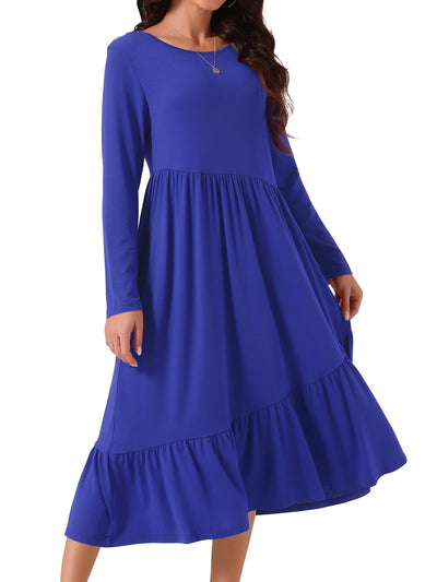 Women's Fall Long Sleeve Dress Crewneck Casual Loose Pleated Tiered Swing Midi Dresses with Pockets