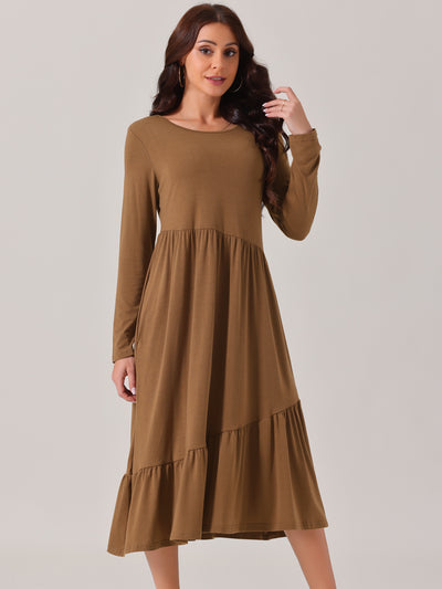 Women's Fall Long Sleeve Dress Crewneck Casual Loose Pleated Tiered Swing Midi Dresses with Pockets