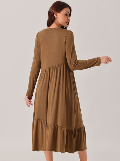 Women's Fall Long Sleeve Dress Crewneck Casual Loose Pleated Tiered Swing Midi Dresses with Pockets