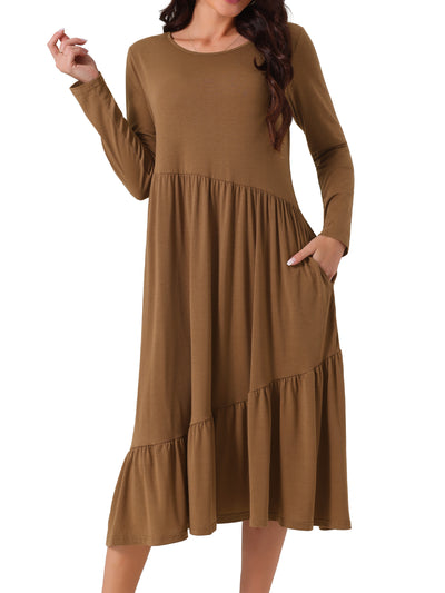 Women's Fall Long Sleeve Dress Crewneck Casual Loose Pleated Tiered Swing Midi Dresses with Pockets