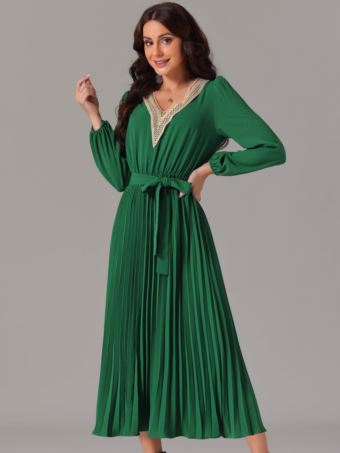 Bublédon Women's 2024 Casual Long Sleeve V Neck Flowy Pleated Midi Dress with Belt