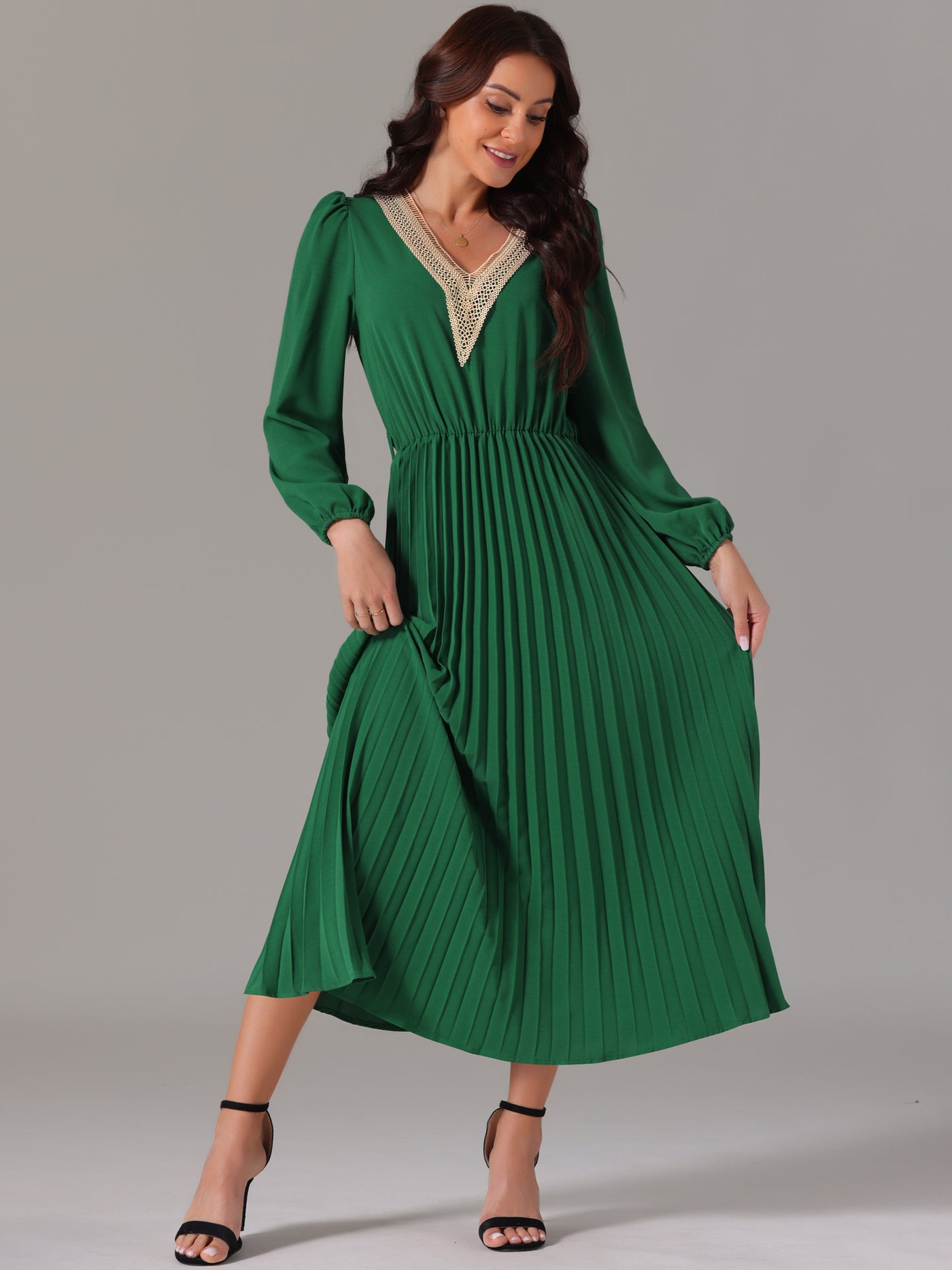 Bublédon Women's 2024 Casual Long Sleeve V Neck Flowy Pleated Midi Dress with Belt