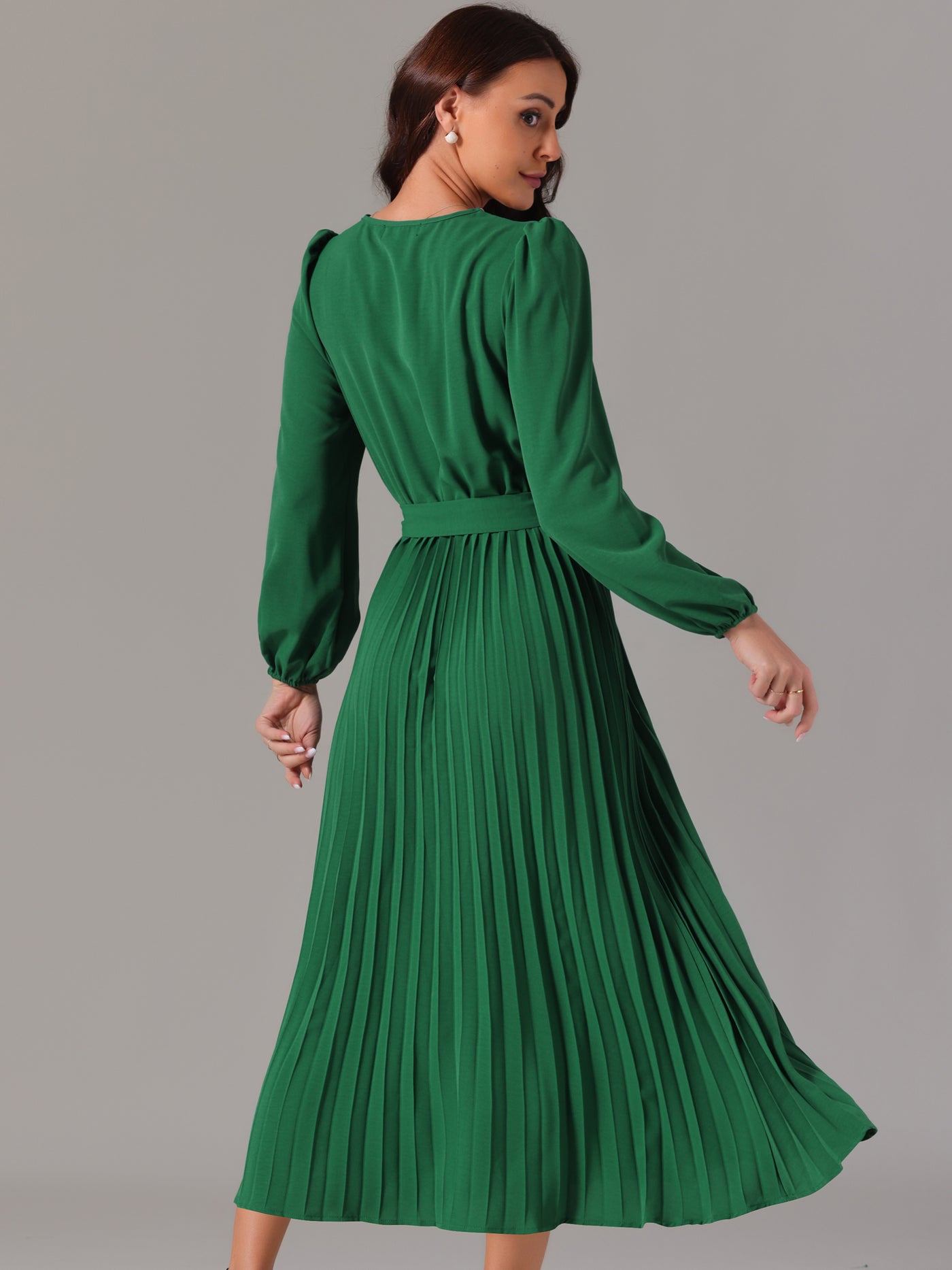 Bublédon Women's 2024 Casual Long Sleeve V Neck Flowy Pleated Midi Dress with Belt