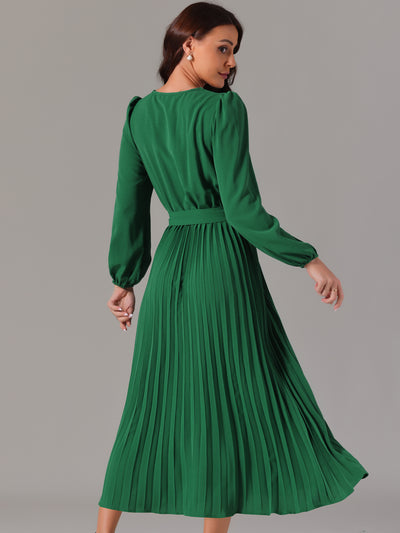 Women's 2024 Casual Long Sleeve V Neck Flowy Pleated Midi Dress with Belt