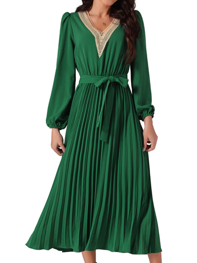 Women's 2024 Casual Long Sleeve V Neck Flowy Pleated Midi Dress with Belt