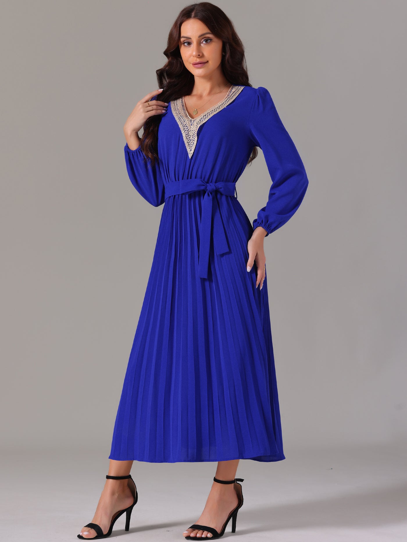 Bublédon Women's 2024 Casual Long Sleeve V Neck Flowy Pleated Midi Dress with Belt