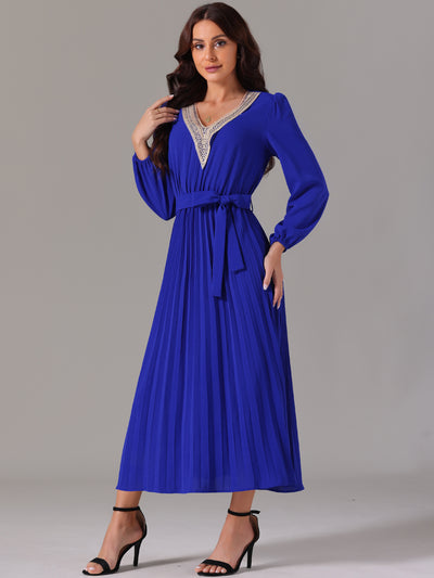 Women's 2024 Casual Long Sleeve V Neck Flowy Pleated Midi Dress with Belt