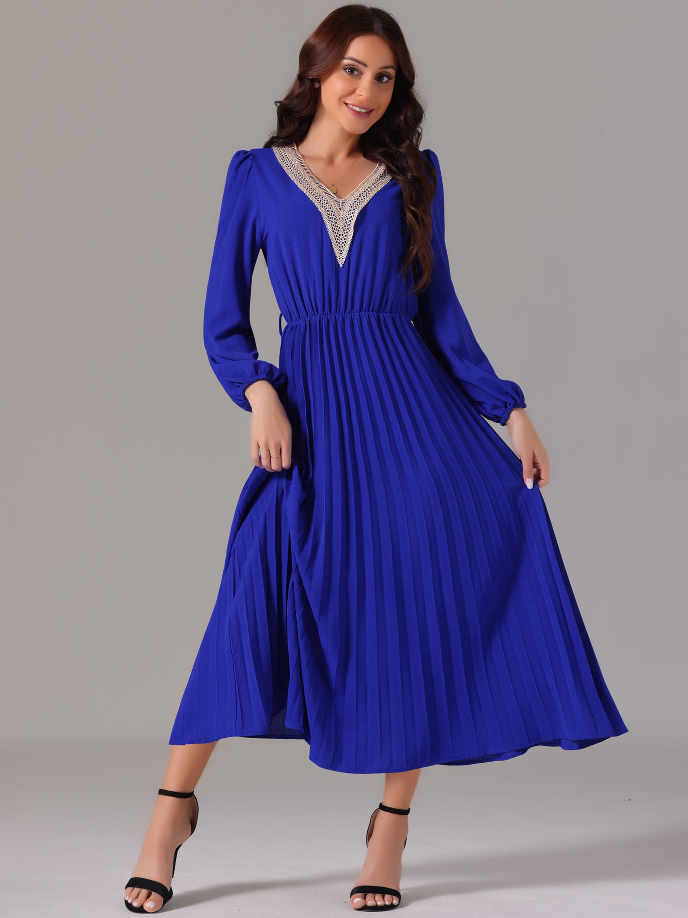 Bublédon Women's 2024 Casual Long Sleeve V Neck Flowy Pleated Midi Dress with Belt