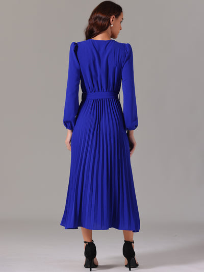 Women's 2024 Casual Long Sleeve V Neck Flowy Pleated Midi Dress with Belt