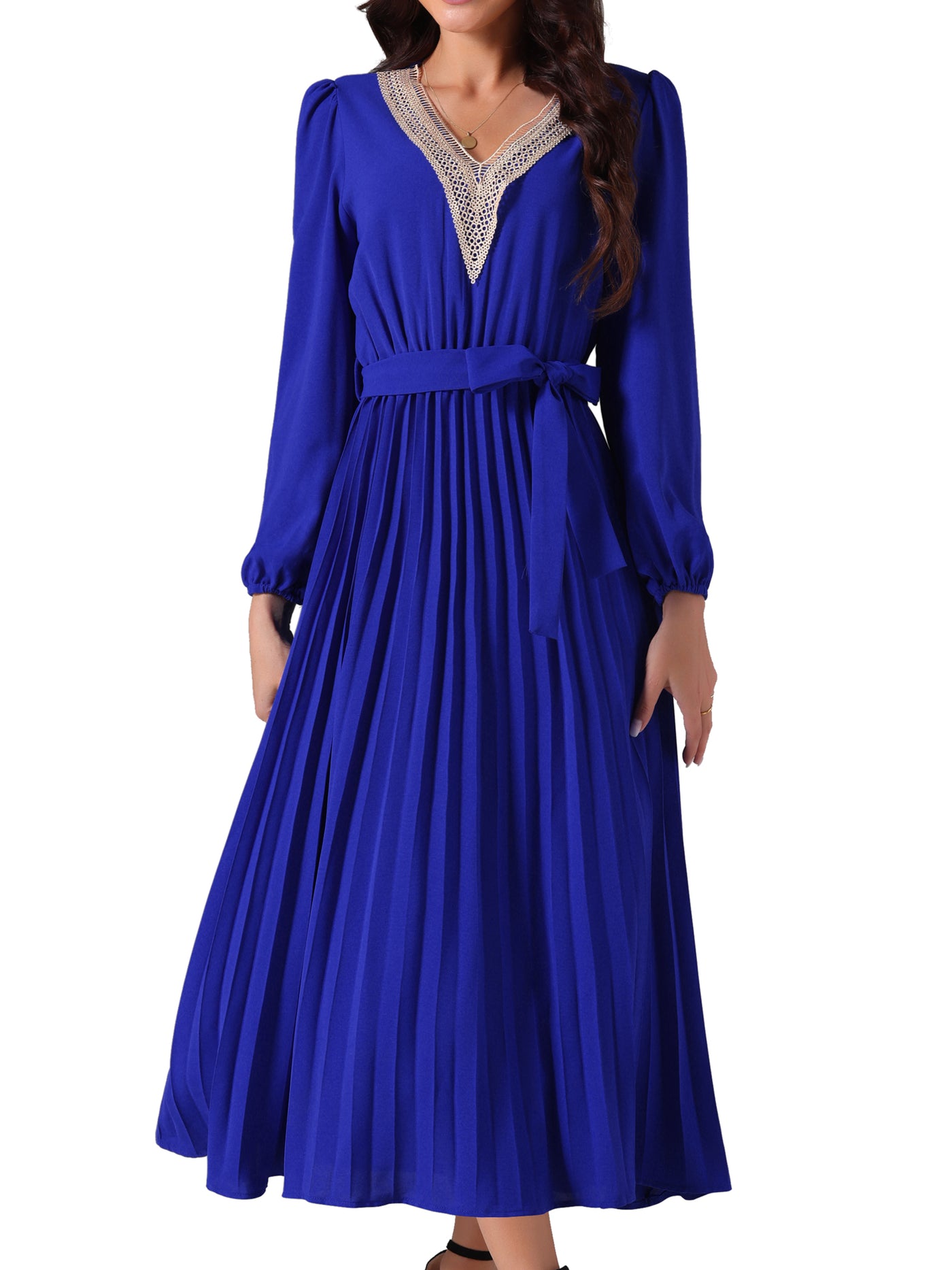 Bublédon Women's 2024 Casual Long Sleeve V Neck Flowy Pleated Midi Dress with Belt