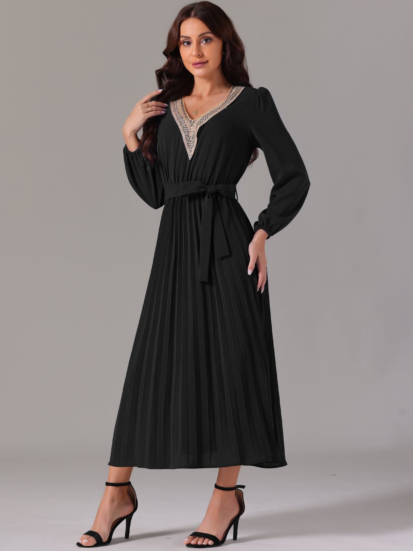 Bublédon Women's 2024 Casual Long Sleeve V Neck Flowy Pleated Midi Dress with Belt