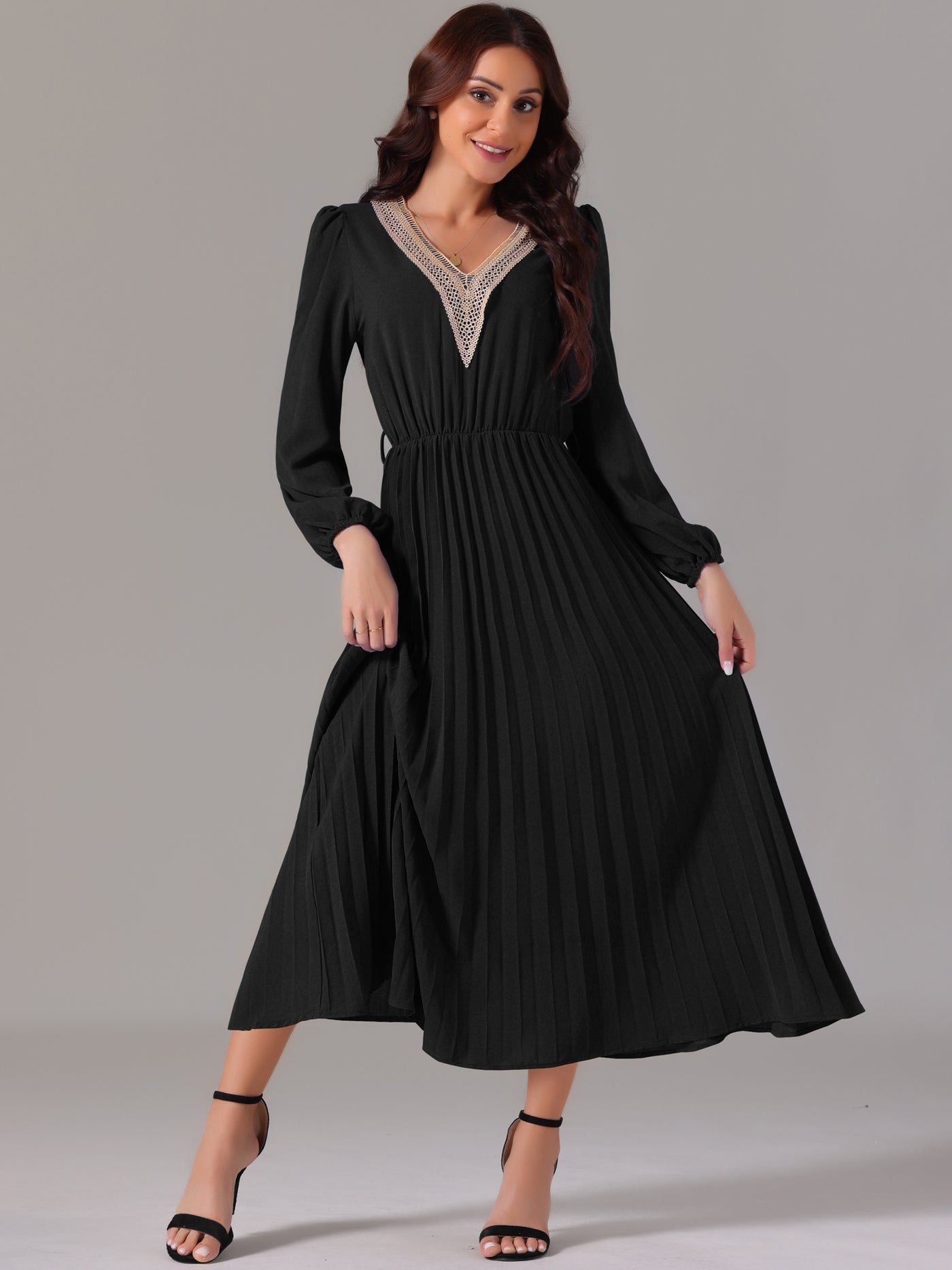 Bublédon Women's 2024 Casual Long Sleeve V Neck Flowy Pleated Midi Dress with Belt