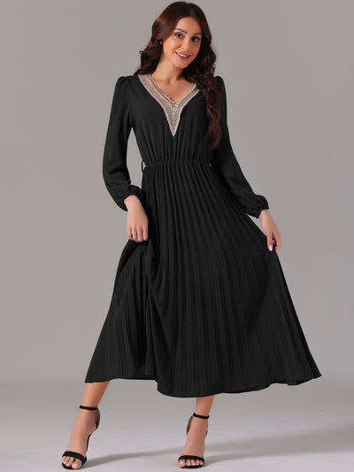 Women's 2024 Casual Long Sleeve V Neck Flowy Pleated Midi Dress with Belt