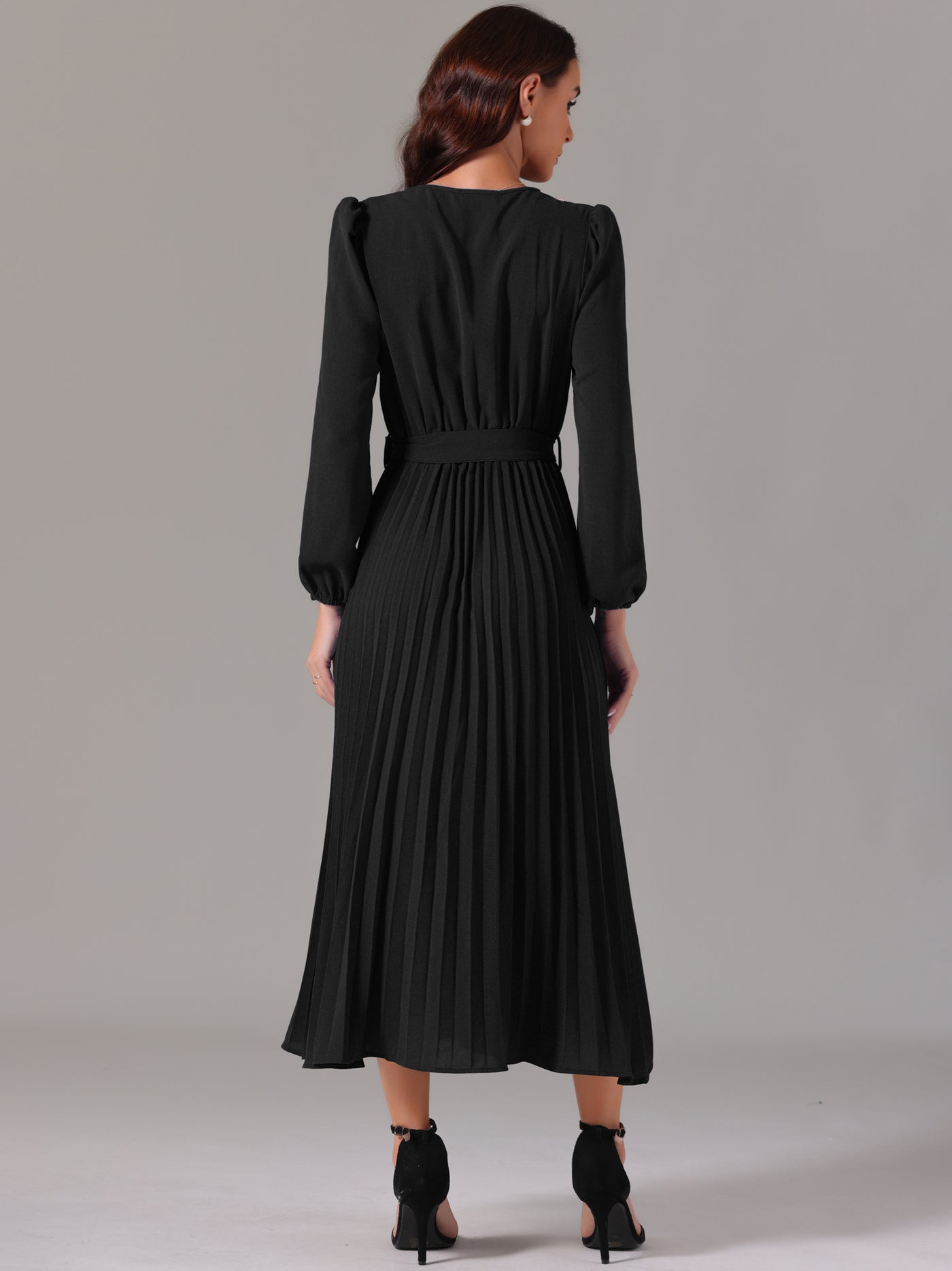 Bublédon Women's 2024 Casual Long Sleeve V Neck Flowy Pleated Midi Dress with Belt