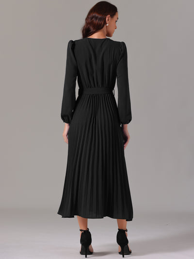 Women's 2024 Casual Long Sleeve V Neck Flowy Pleated Midi Dress with Belt