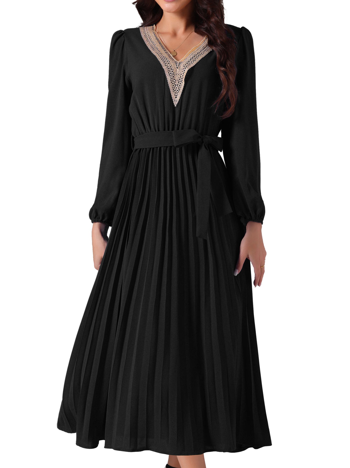 Bublédon Women's 2024 Casual Long Sleeve V Neck Flowy Pleated Midi Dress with Belt