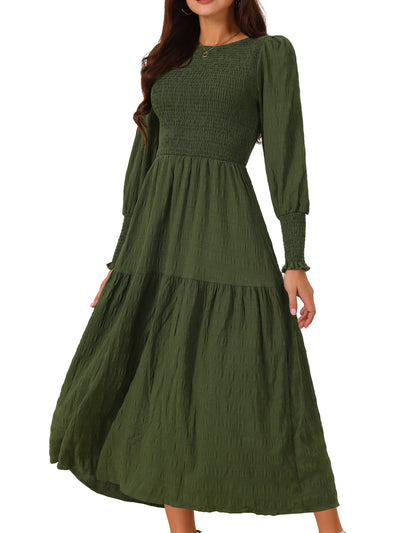 Women's Casual Long Sleeve Crewneck Relaxed Fit Smocked Tiered Flowy Boho Dress