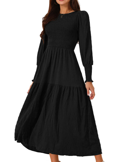 Women's Casual Long Sleeve Crewneck Relaxed Fit Smocked Tiered Flowy Boho Dress