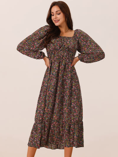 Women's Boho Dresses Square Neck Long Sleeve Floral Flowy Midi Casual Vacation Sundress