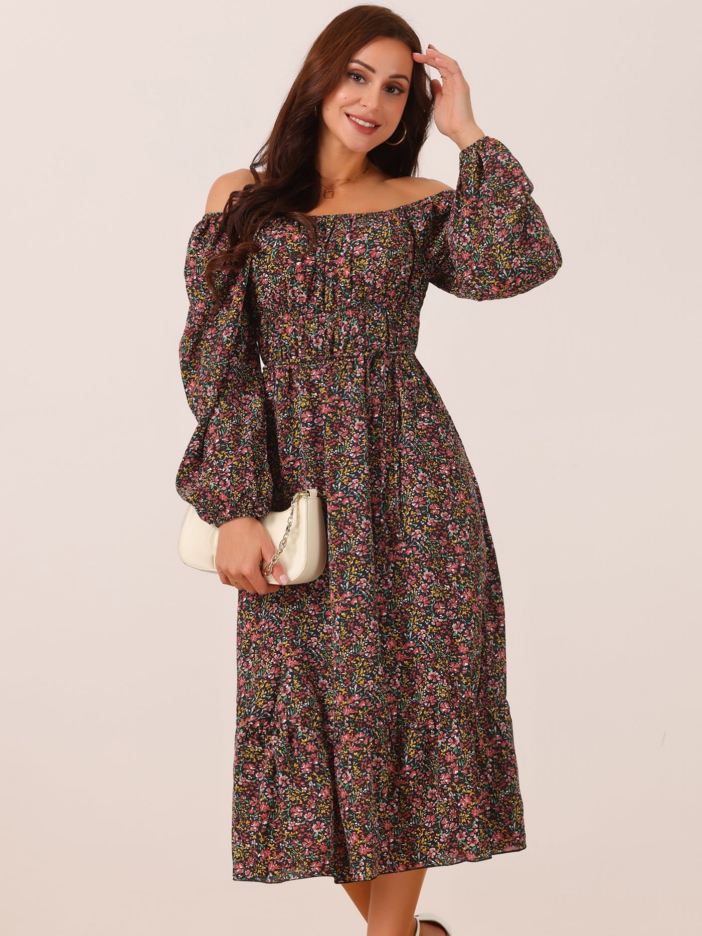 Bublédon Women's Boho Dresses Square Neck Long Sleeve Floral Flowy Midi Casual Vacation Sundress