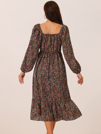 Women's Boho Dresses Square Neck Long Sleeve Floral Flowy Midi Casual Vacation Sundress