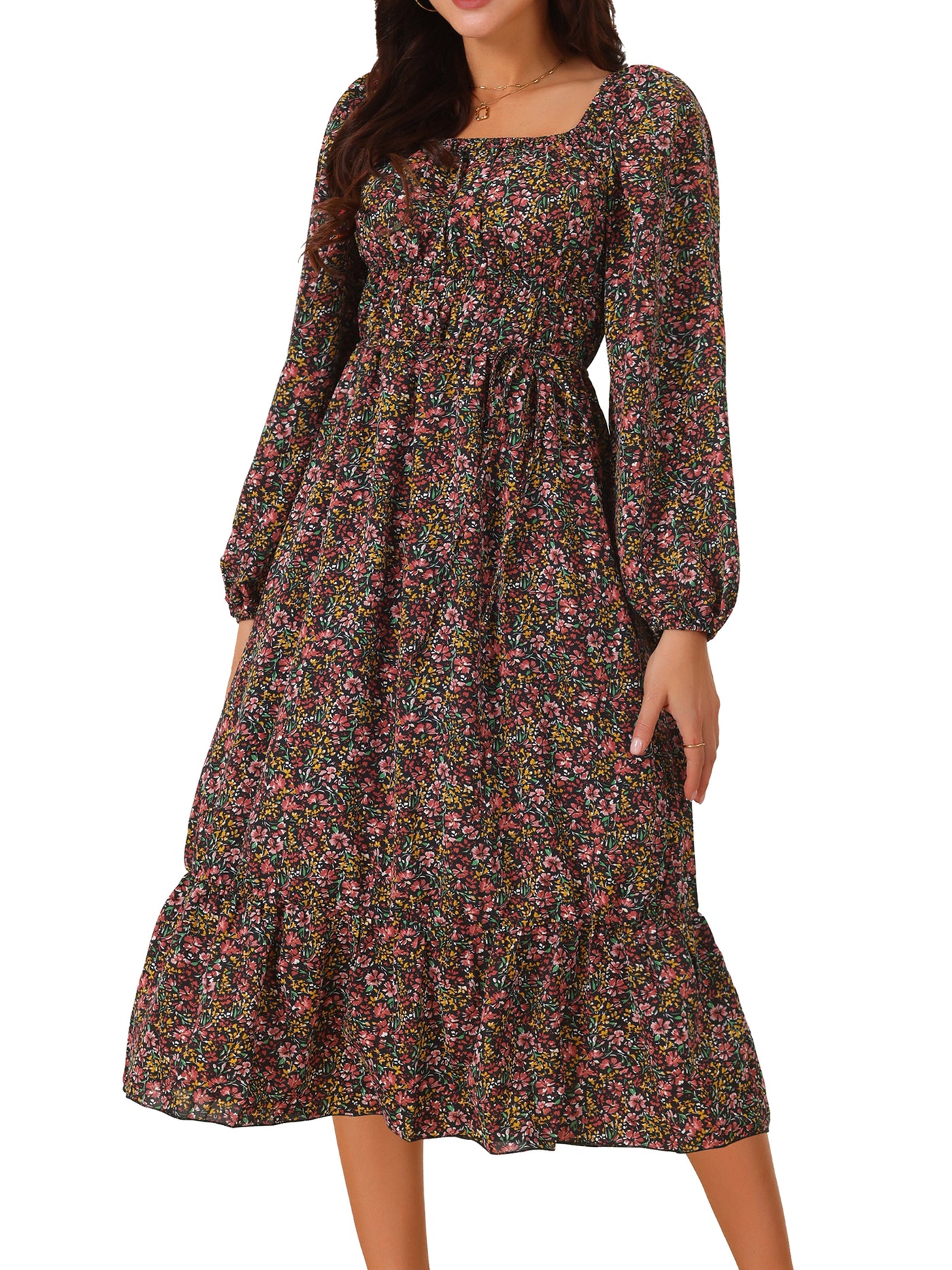 Bublédon Women's Boho Dresses Square Neck Long Sleeve Floral Flowy Midi Casual Vacation Sundress