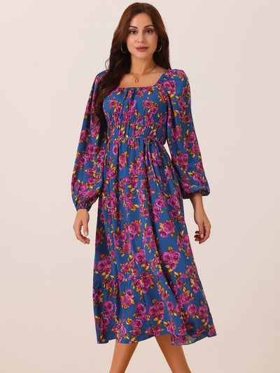 Women's Boho Dresses Square Neck Long Sleeve Floral Flowy Midi Casual Vacation Sundress