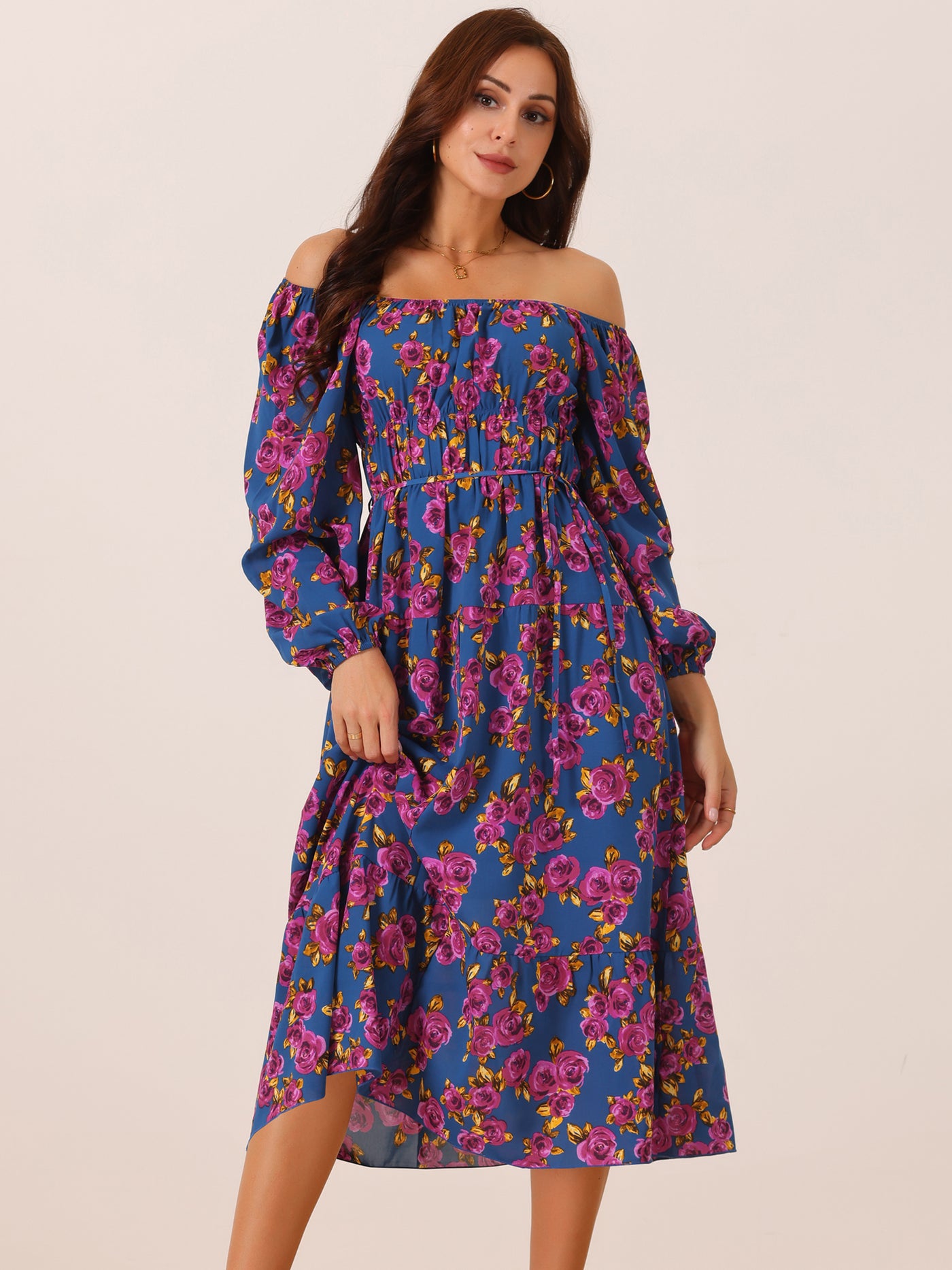 Bublédon Women's Boho Dresses Square Neck Long Sleeve Floral Flowy Midi Casual Vacation Sundress