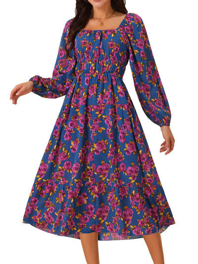 Women's Boho Dresses Square Neck Long Sleeve Floral Flowy Midi Casual Vacation Sundress