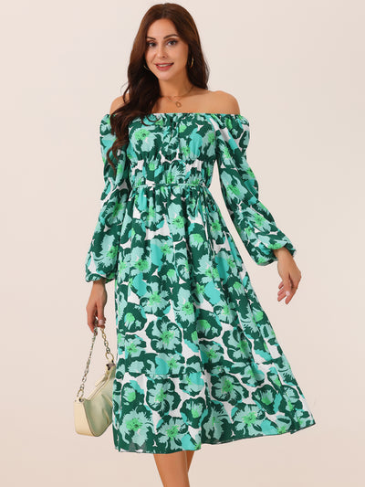 Women's Boho Dresses Square Neck Long Sleeve Floral Flowy Midi Casual Vacation Sundress