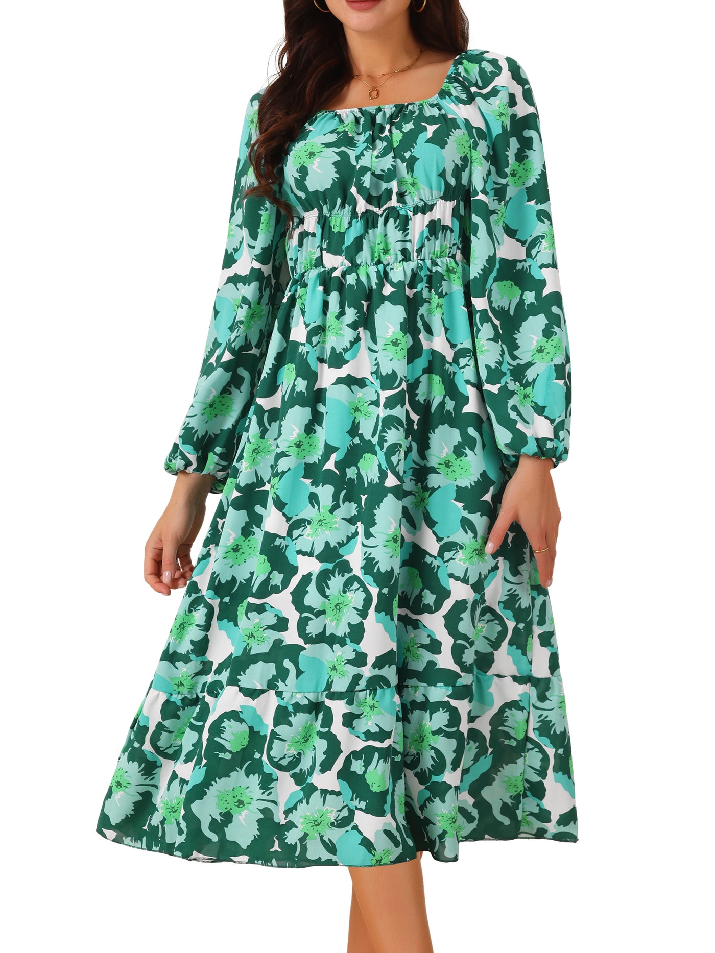 Bublédon Women's Boho Dresses Square Neck Long Sleeve Floral Flowy Midi Casual Vacation Sundress