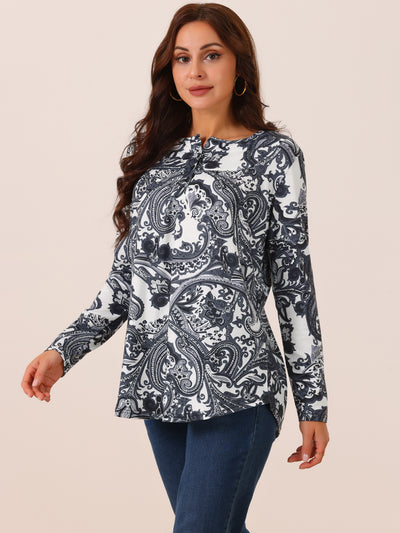 Women's Loose Fit Tunic Tops Long Sleeve Casual Floral Printed Henley V Neck Shirts