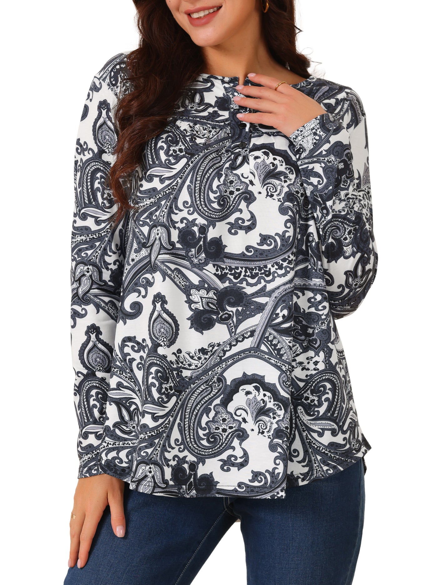 Bublédon Women's Loose Fit Tunic Tops Long Sleeve Casual Floral Printed Henley V Neck Shirts