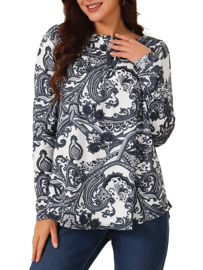 Women's Loose Fit Tunic Tops Long Sleeve Casual Floral Printed Henley V Neck Shirts