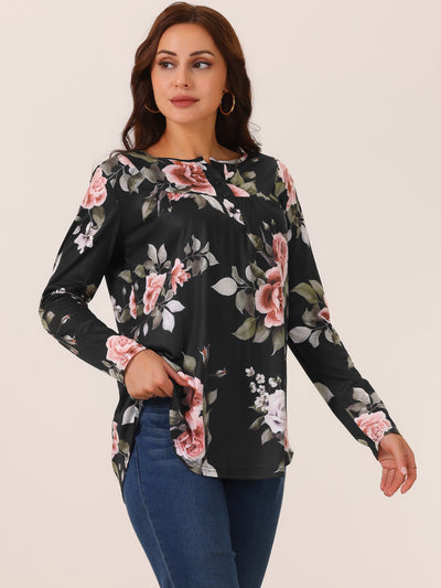 Bublédon Women's Loose Fit Tunic Tops Long Sleeve Casual Floral Printed Henley V Neck Shirts