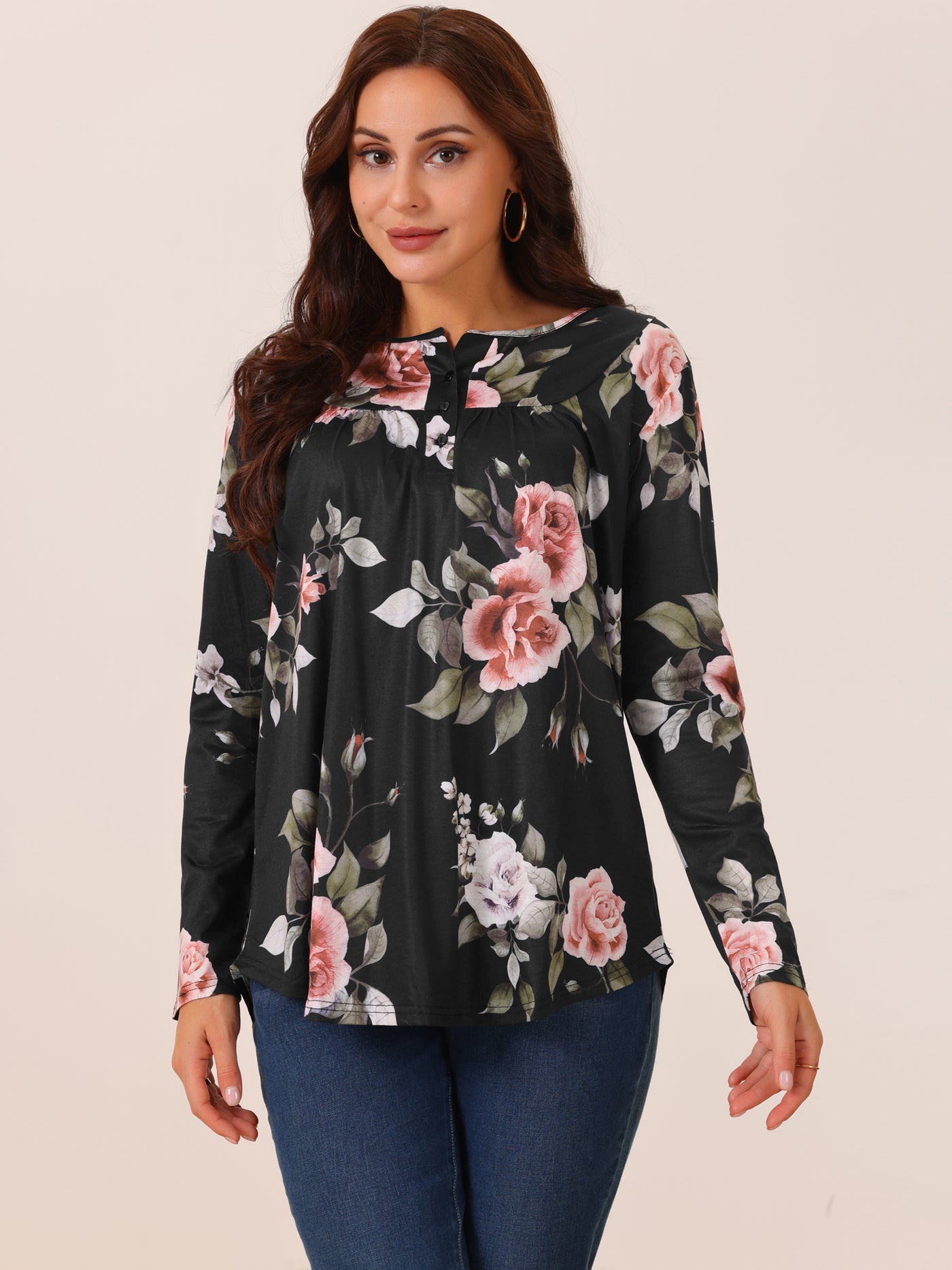 Bublédon Women's Loose Fit Tunic Tops Long Sleeve Casual Floral Printed Henley V Neck Shirts