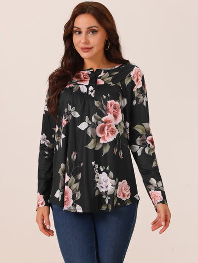 Women's Loose Fit Tunic Tops Long Sleeve Casual Floral Printed Henley V Neck Shirts