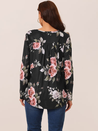 Women's Loose Fit Tunic Tops Long Sleeve Casual Floral Printed Henley V Neck Shirts