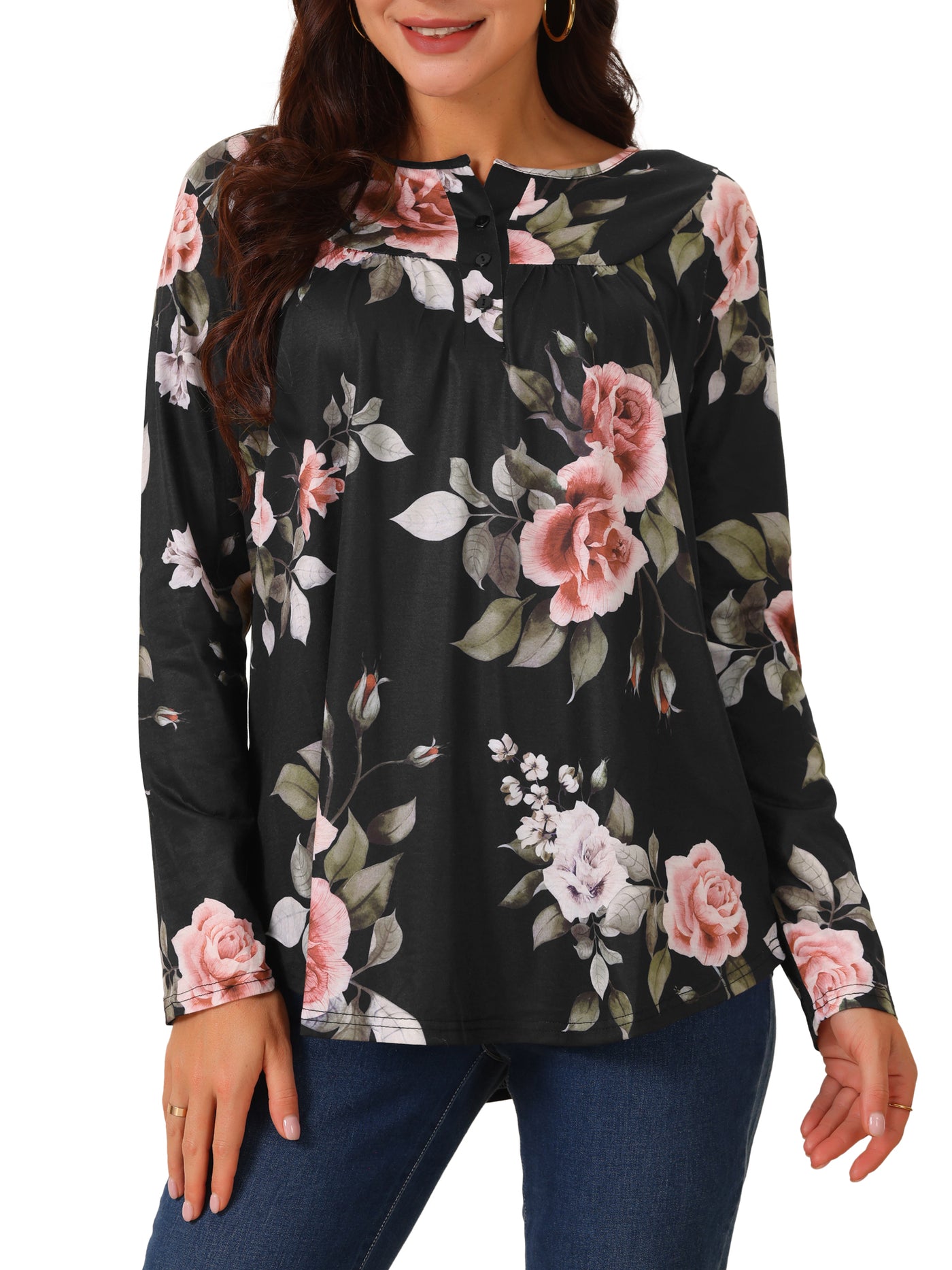 Bublédon Women's Loose Fit Tunic Tops Long Sleeve Casual Floral Printed Henley V Neck Shirts