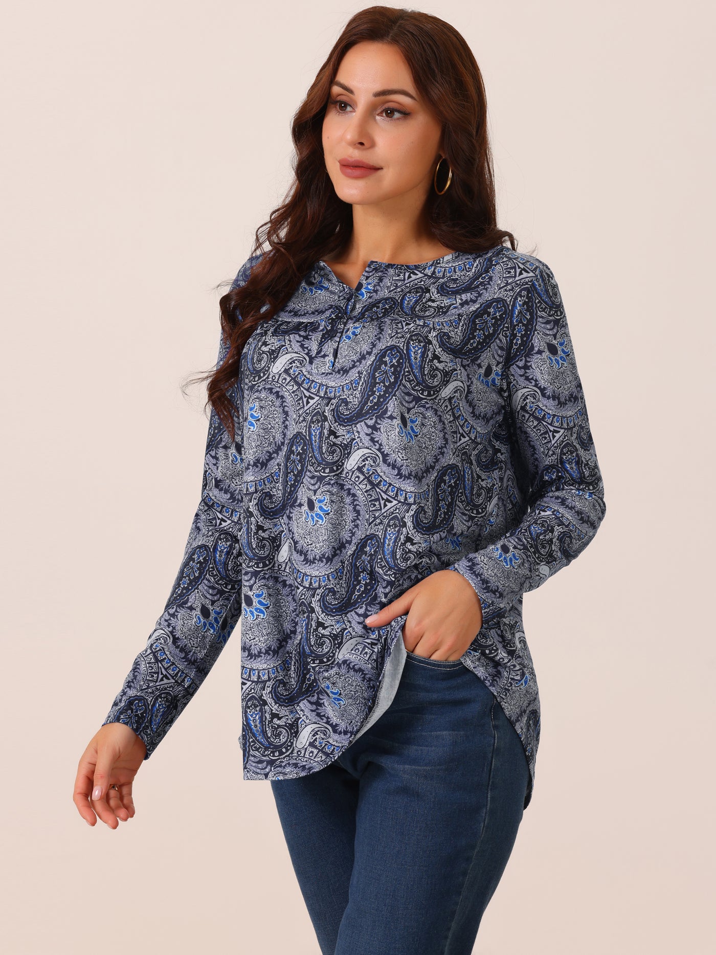 Bublédon Women's Loose Fit Tunic Tops Long Sleeve Casual Floral Printed Henley V Neck Shirts