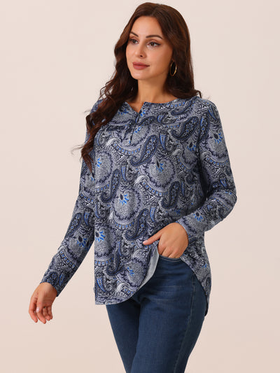 Women's Loose Fit Tunic Tops Long Sleeve Casual Floral Printed Henley V Neck Shirts