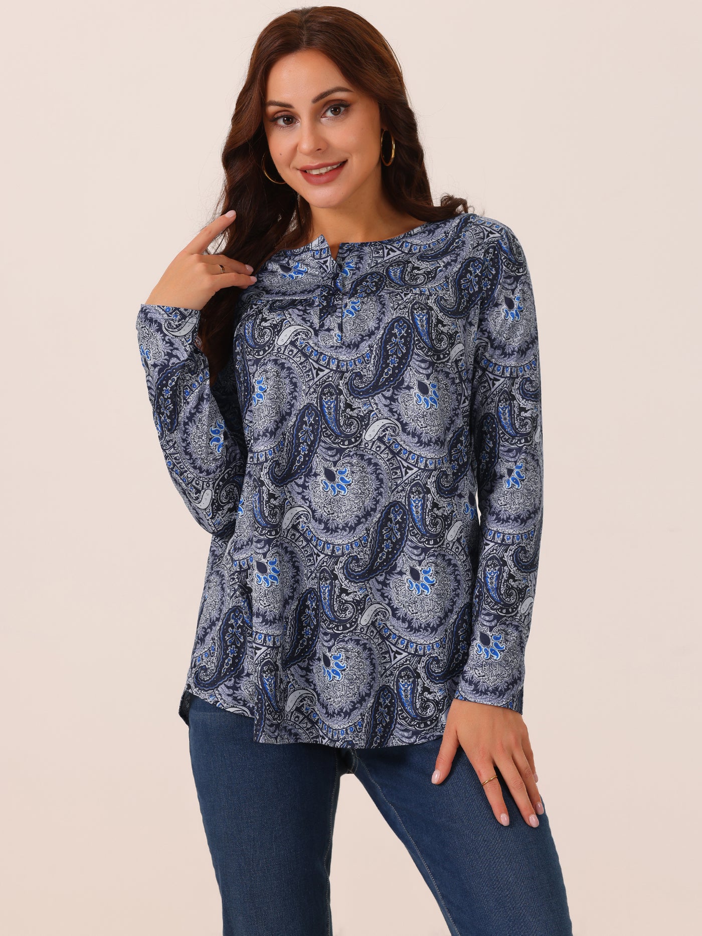 Bublédon Women's Loose Fit Tunic Tops Long Sleeve Casual Floral Printed Henley V Neck Shirts