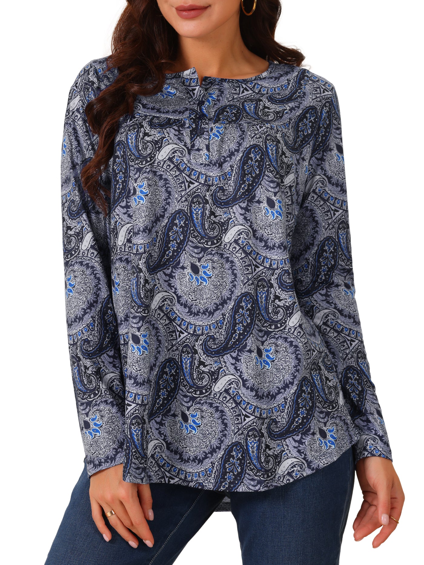 Bublédon Women's Loose Fit Tunic Tops Long Sleeve Casual Floral Printed Henley V Neck Shirts